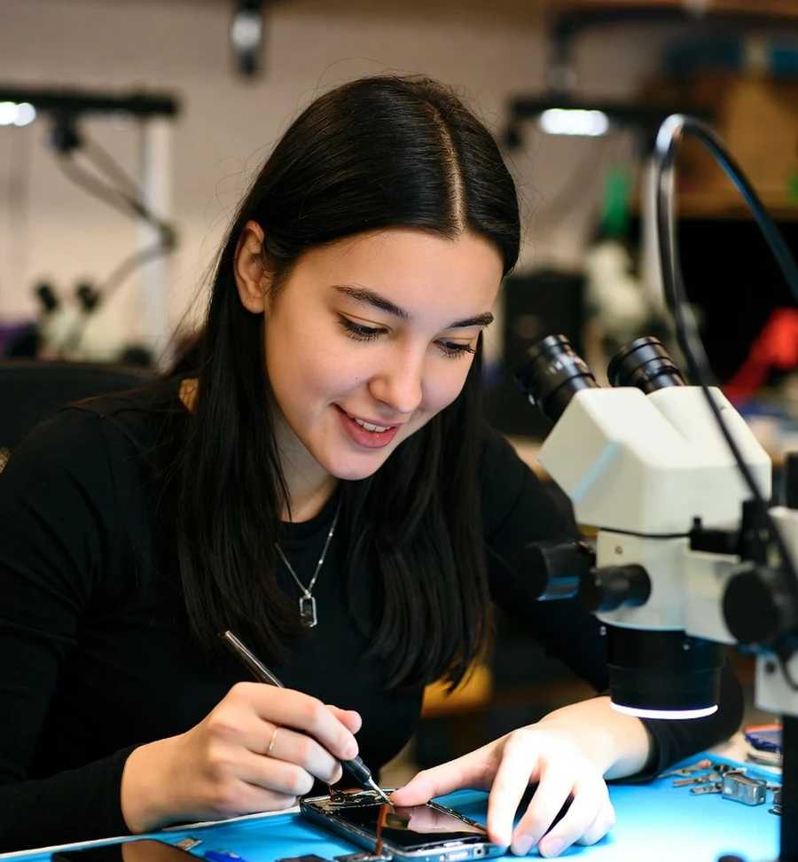 CPR technician doing microscope board-level repair